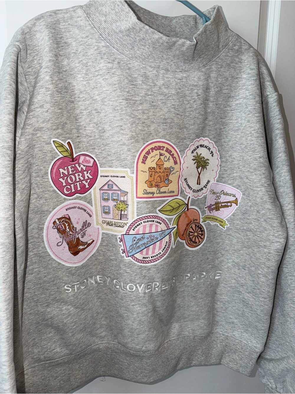 Authentic Parke x Stoney Clover Lane Sweatshirt Postage Patch Grey Mock Neck S L - Picture 6 of 11